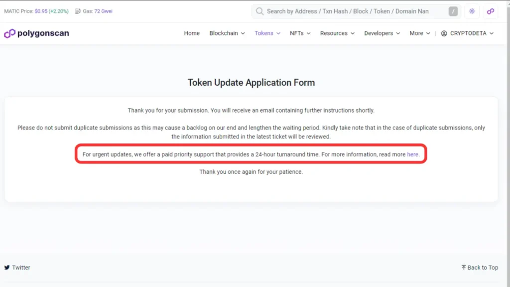 How to Add Token Details and Logo on Polygonscan 15 submited successful wait 24